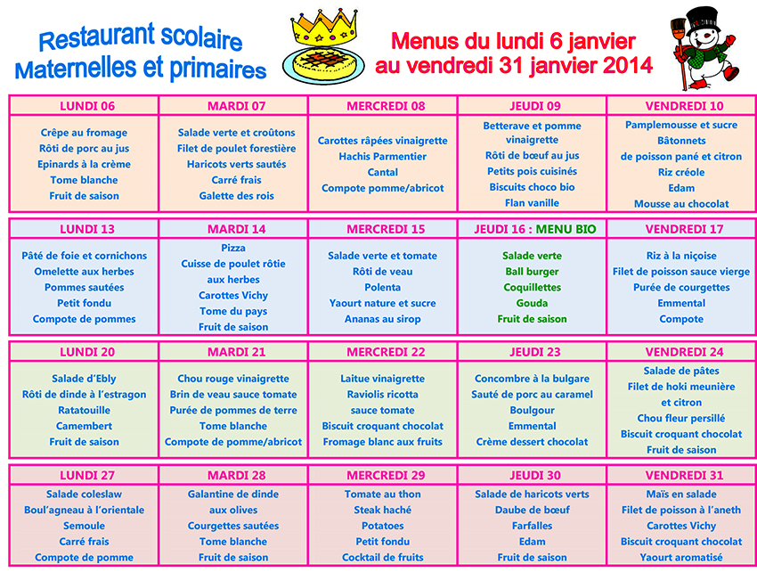 Menu janvier 2014